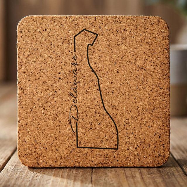 Delaware square cork coaster engraved with the state outline and Delaware in script lettering