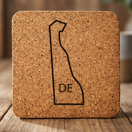 Delaware square cork coaster engraved with the state outline and DE initials