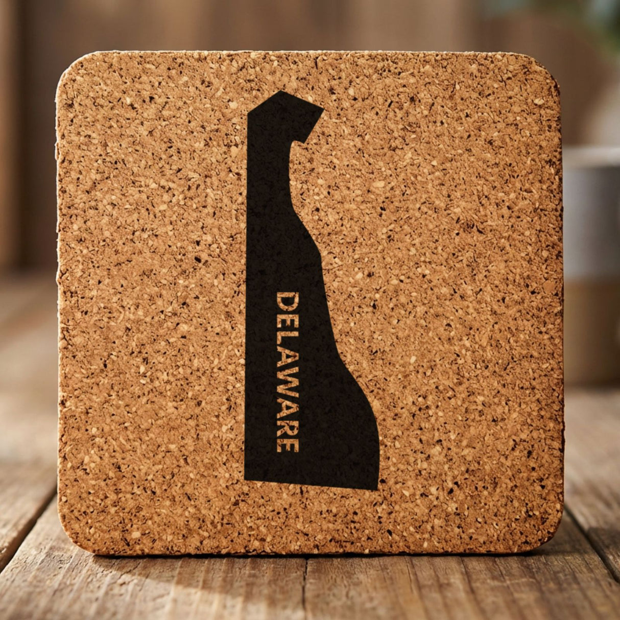 Delaware square cork coaster with the engraved state shape and DELAWARE running vertically