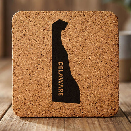 Delaware square cork coaster with the engraved state shape and DELAWARE running vertically
