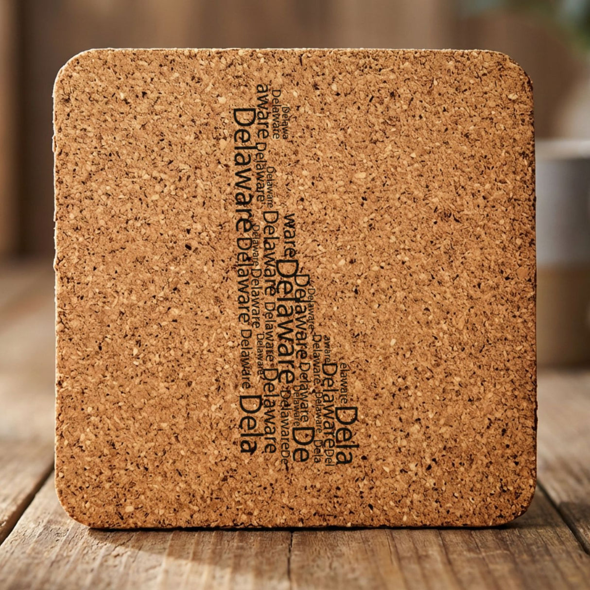 Delaware square cork coaster engraved with a word cloud of repeating Delaware text