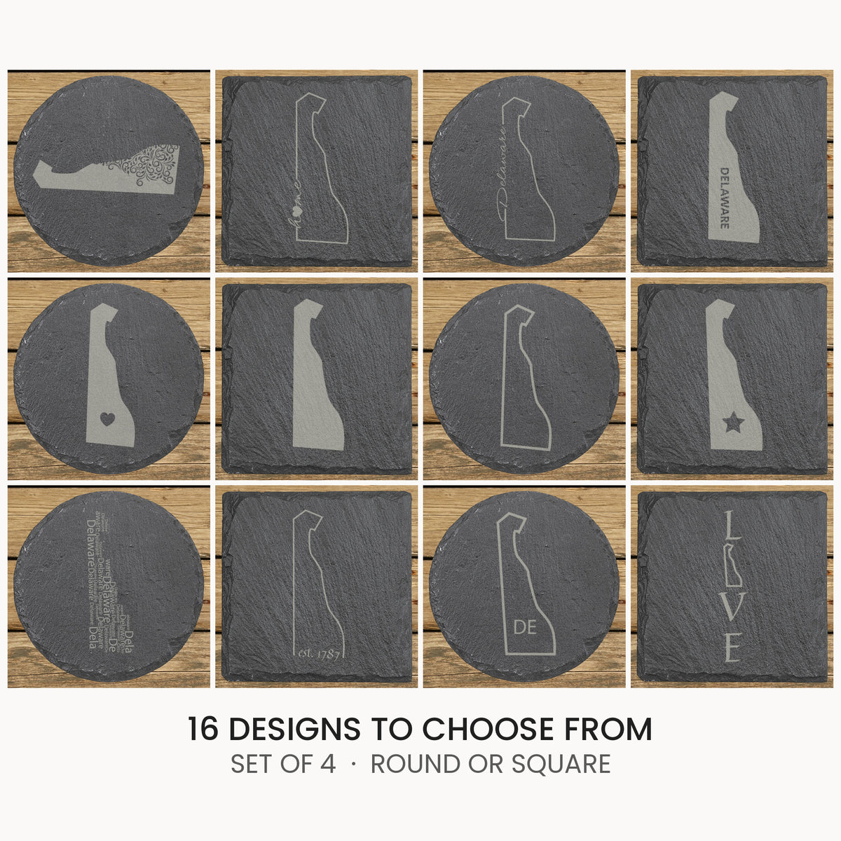 Delaware slate coaster set, laser engraved natural stone