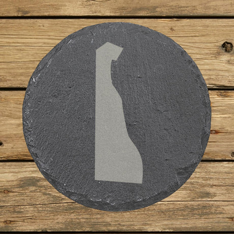 Delaware round slate coaster with the full state shape engraved