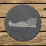 Delaware round slate coaster engraved with the state shape in ornate floral scrollwork