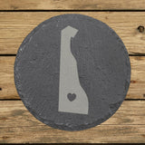 Delaware round slate coaster engraved with the state shape and a heart