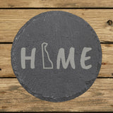 Delaware round slate coaster engraved with HOME using the state outline as the letter O