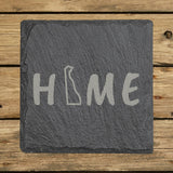 Delaware square slate coaster engraved with HOME using the state outline as the letter O