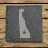 Delaware square slate coaster engraved with the state shape and a star