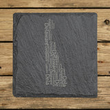 Delaware square slate coaster engraved with a word cloud of repeating Delaware text