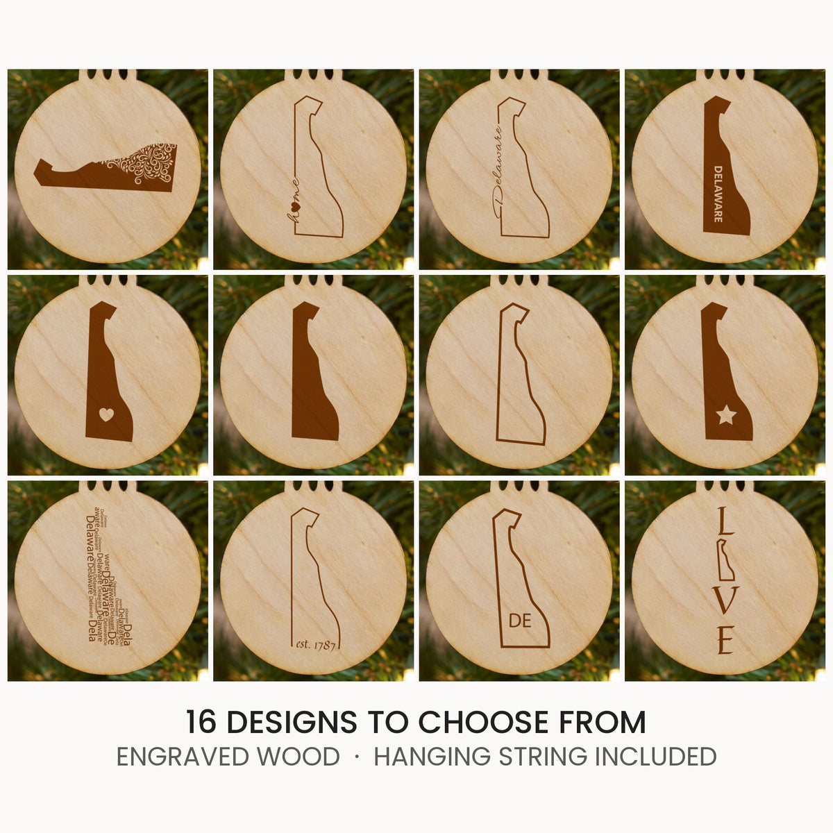 Delaware wood Christmas ornament, laser engraved natural wood