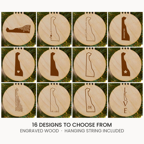 Delaware wood Christmas ornament, laser engraved natural wood