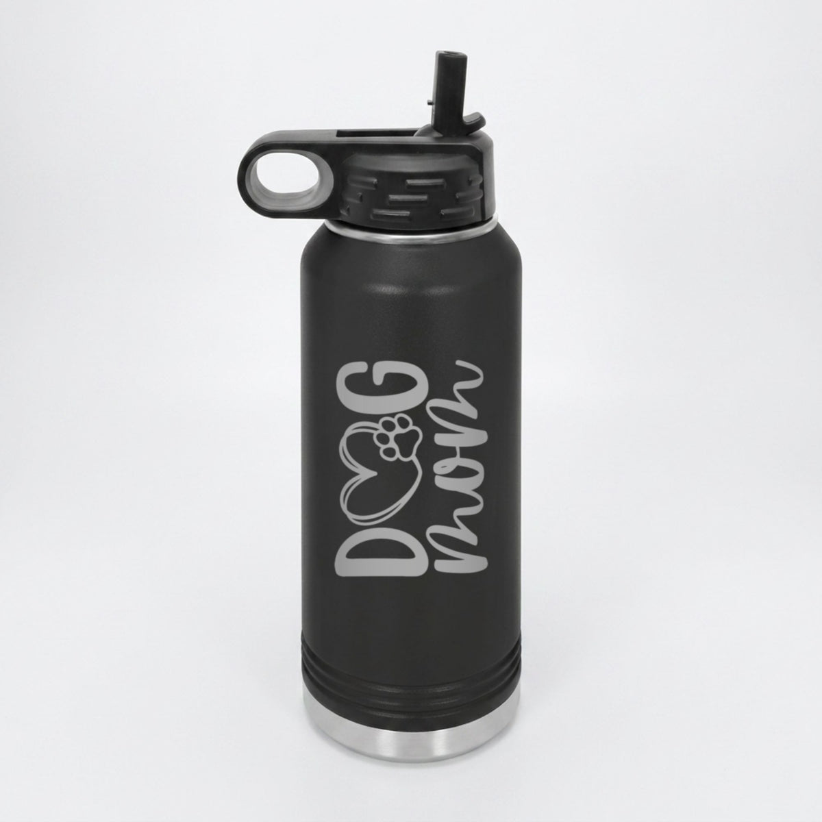 Black 32 oz insulated water bottle laser engraved with a hand drawn Dog Mom heart and paw design