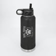 Black 32 oz insulated water bottle laser engraved with a Dog Mom Social Club crest design with a paw print and laurel wreath