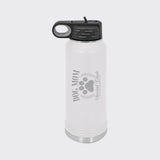 White 32 oz insulated water bottle laser engraved with a Dog Mom Social Club crest design with a paw print and laurel wreath