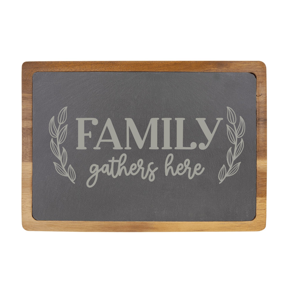 Family Gathers Here Engraved Acacia Wood & Slate Cutting Board