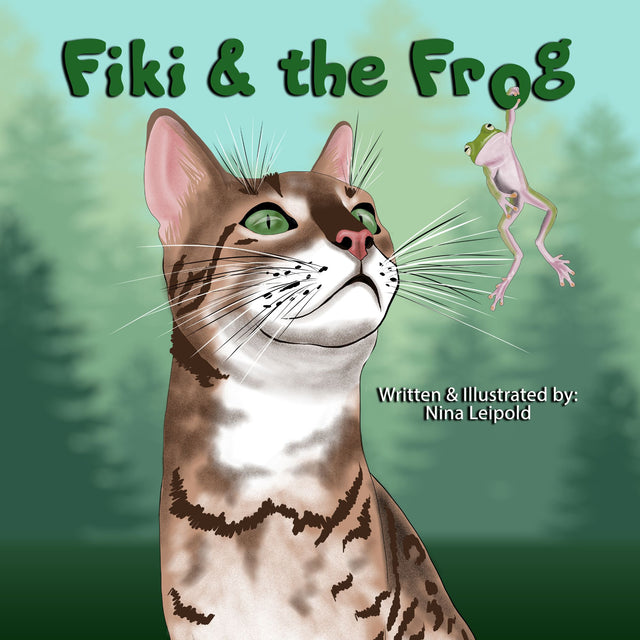 cover of Fiki and the frog children's book. with a cat looking at a frog