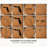 Florida cork coaster set, laser engraved natural cork