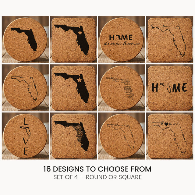 Florida cork coaster set, laser engraved natural cork