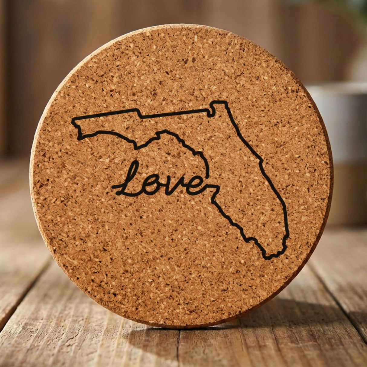 Florida round cork coaster engraved with a hand-drawn state outline and love in cursive