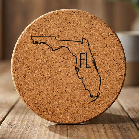 Florida round cork coaster engraved with the state outline and FL initials