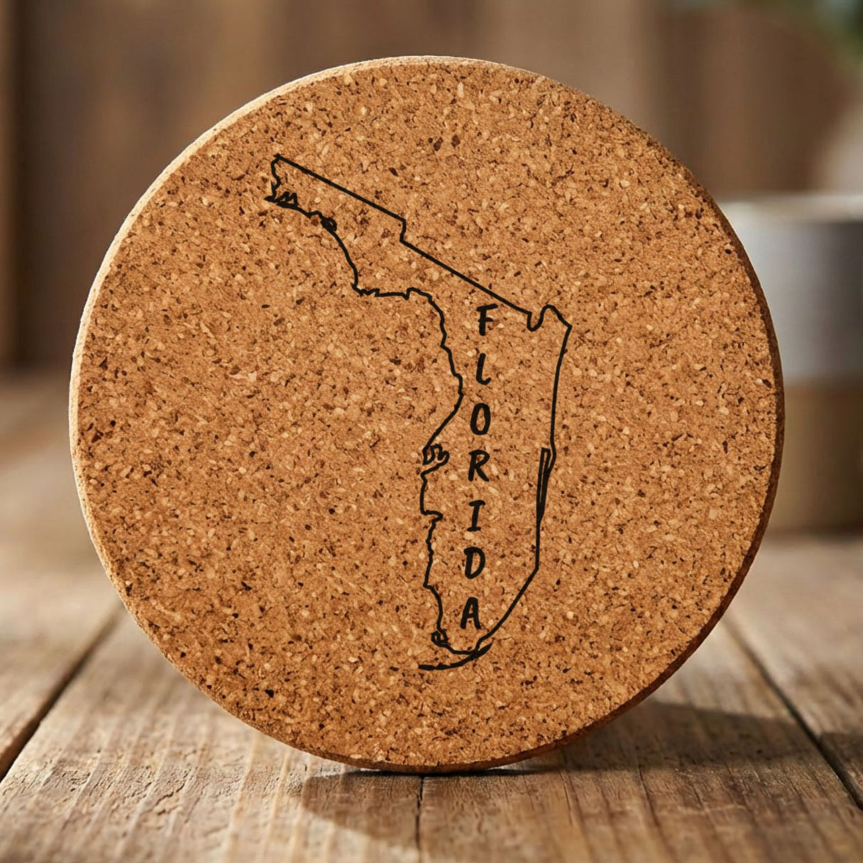 Florida round cork coaster engraved with the state outline and FLORIDA running vertically