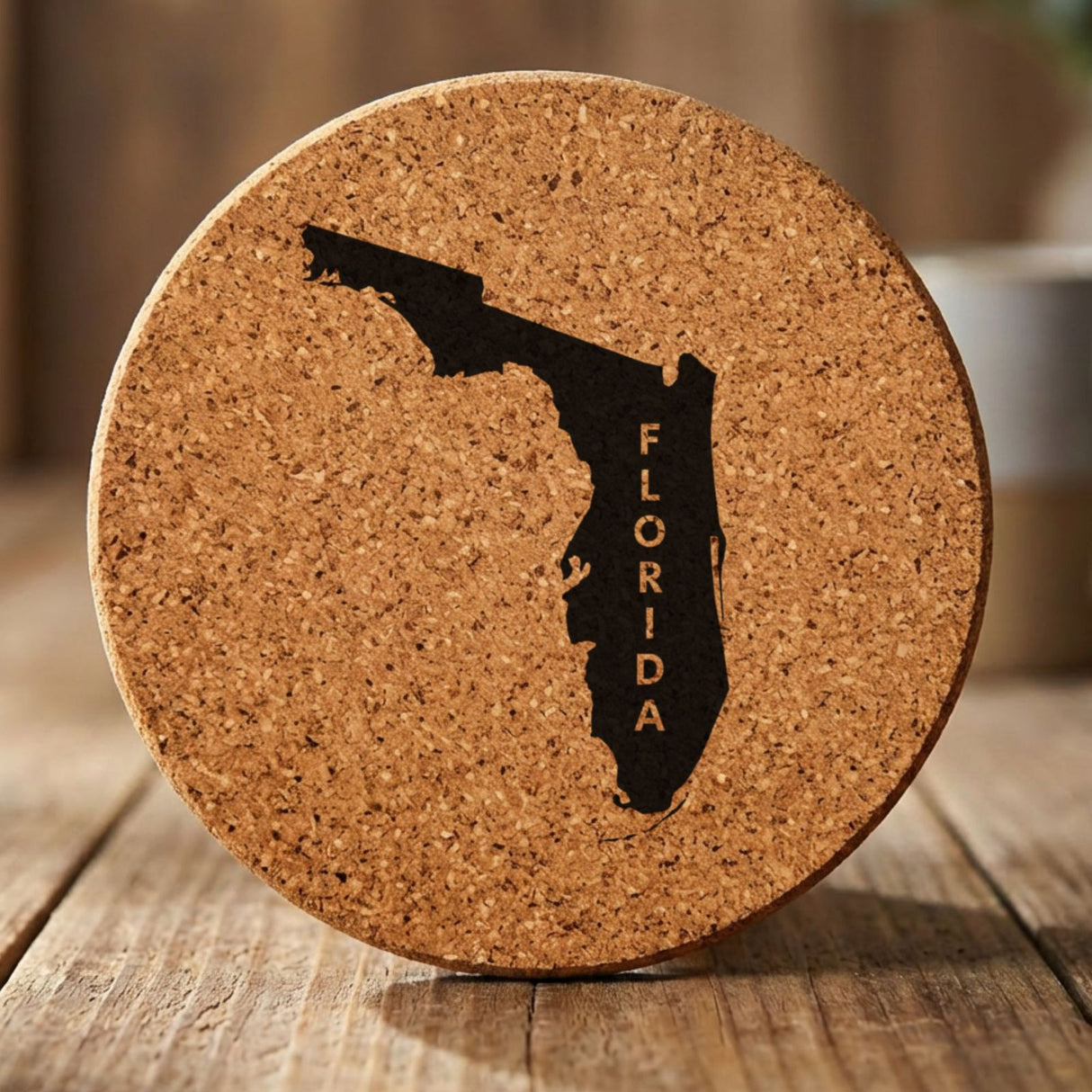 Florida round cork coaster with the engraved state shape and FLORIDA running vertically