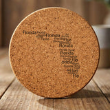 Florida round cork coaster engraved with a word cloud of repeating Florida text