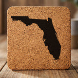 Florida square cork coaster with the full state shape engraved