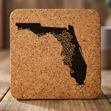 Florida square cork coaster engraved with the state shape in ornate floral scrollwork