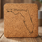 Florida square cork coaster engraved with the state outline and Florida in script lettering