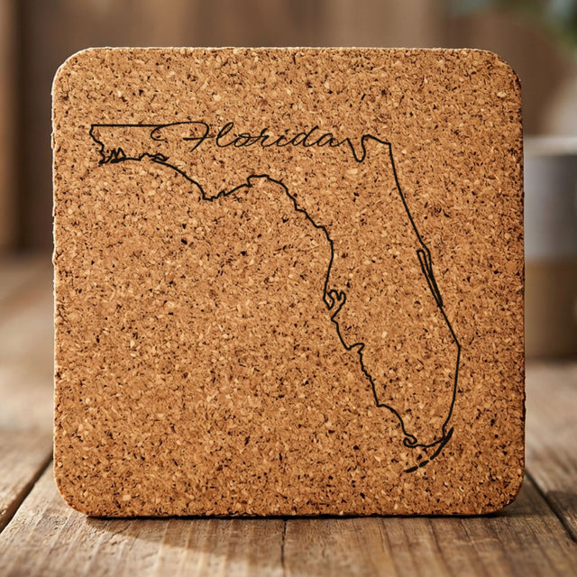 Florida square cork coaster engraved with the state outline and Florida in script lettering