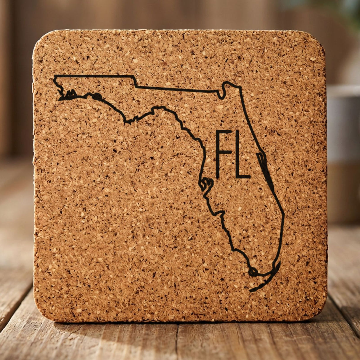 Florida square cork coaster engraved with the state outline and FL initials