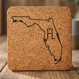 Florida square cork coaster engraved with the state outline and FL initials