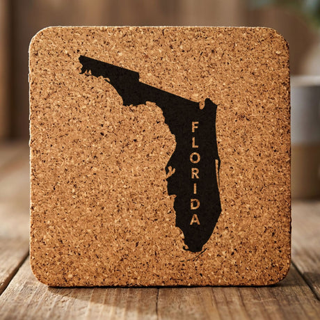 Florida square cork coaster with the engraved state shape and FLORIDA running vertically