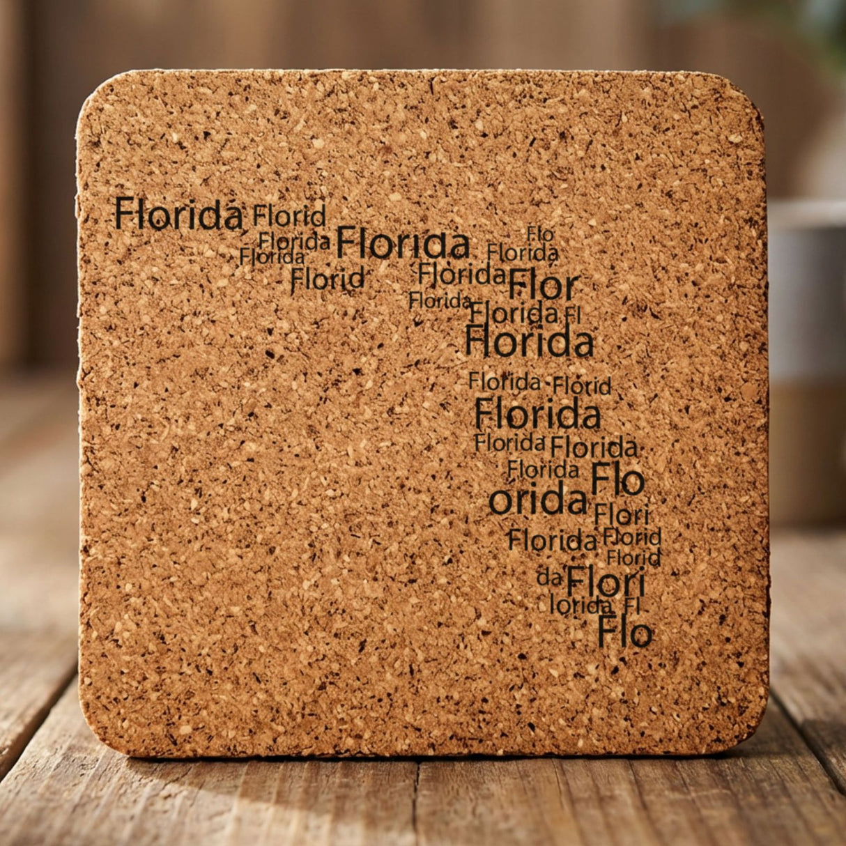 Florida square cork coaster engraved with a word cloud of repeating Florida text