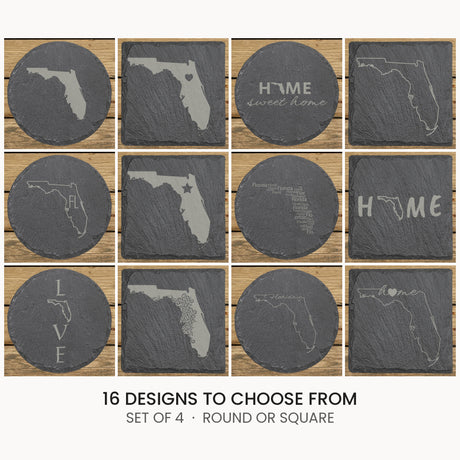 Florida slate coaster set, laser engraved natural stone