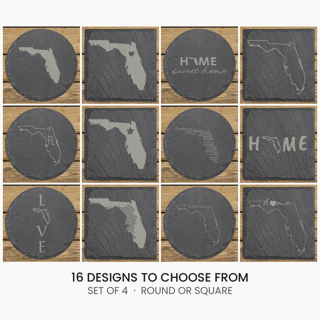 Florida slate coaster set, laser engraved natural stone