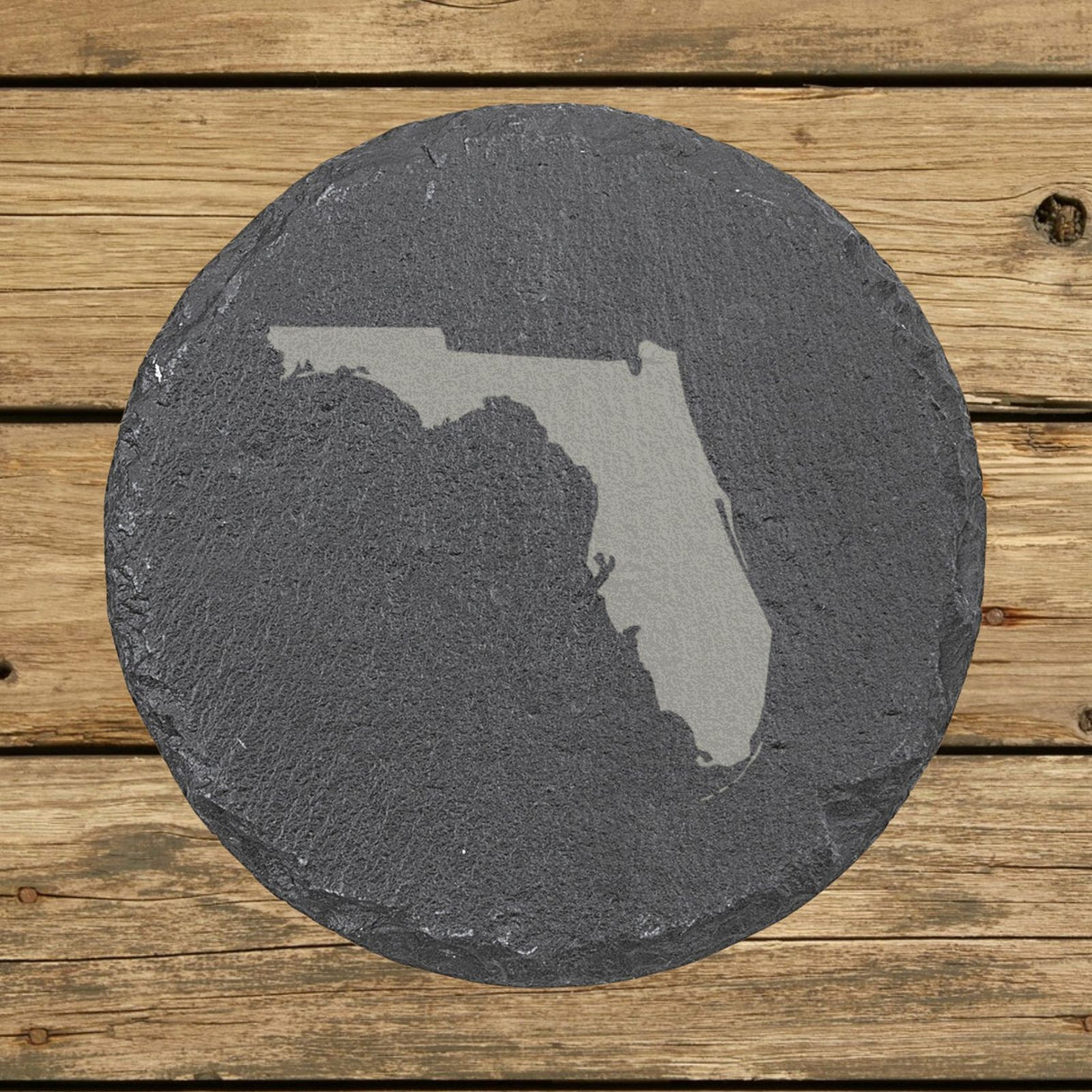 Florida round slate coaster with the full state shape engraved