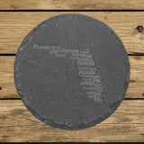 Florida round slate coaster engraved with a word cloud of repeating Florida text