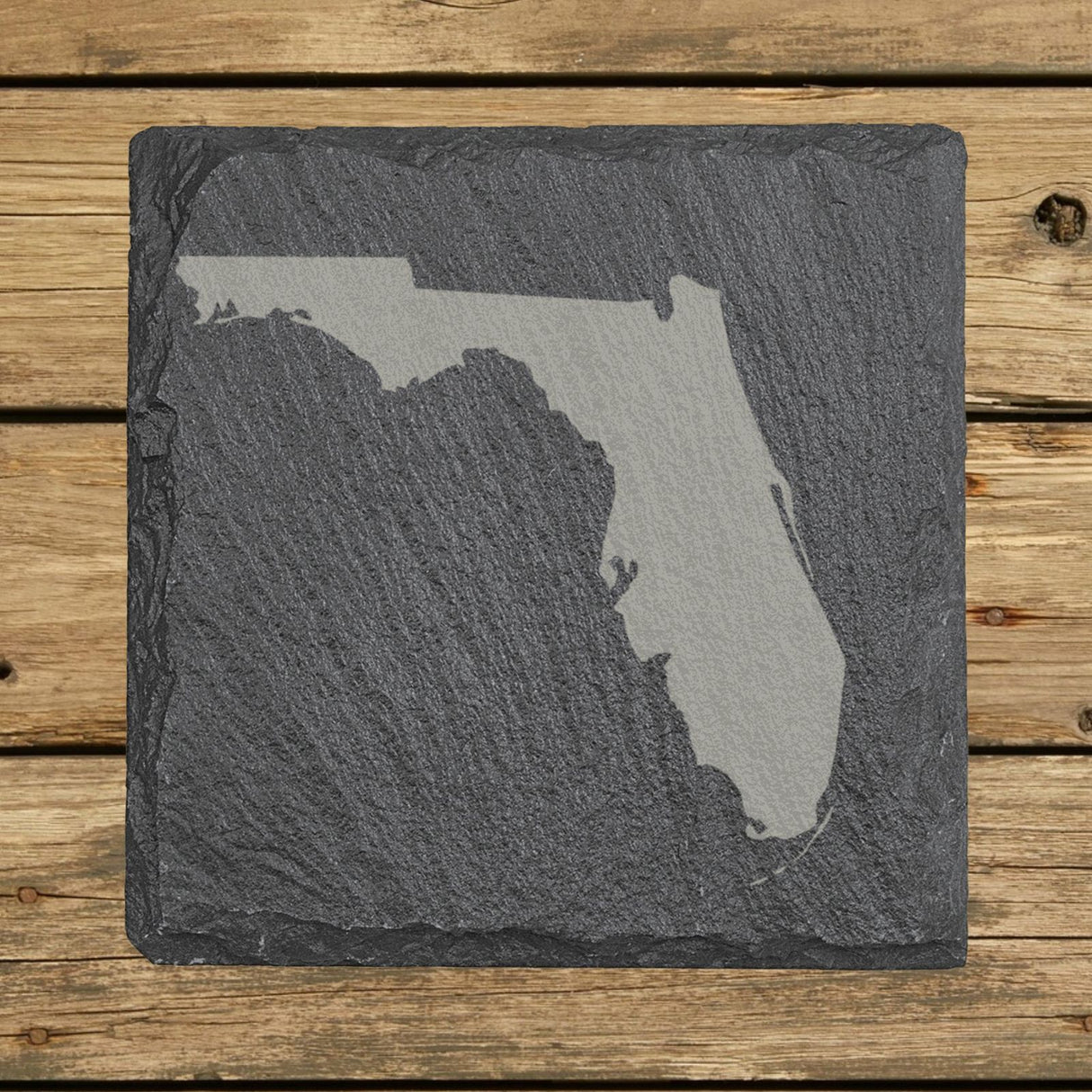 Florida square slate coaster with the full state shape engraved