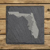 Florida square slate coaster engraved with the state shape in ornate floral scrollwork