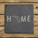 Florida square slate coaster engraved with HOME using the state outline as the letter O