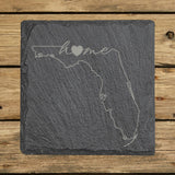 Florida square slate coaster engraved with the state outline and home in script with a heart