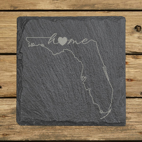 Florida square slate coaster engraved with the state outline and home in script with a heart