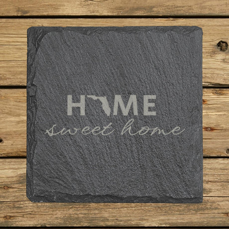 Florida square slate coaster engraved with HOME sweet home using the state shape as the letter O