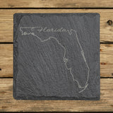 Florida square slate coaster engraved with the state outline and Florida in script lettering