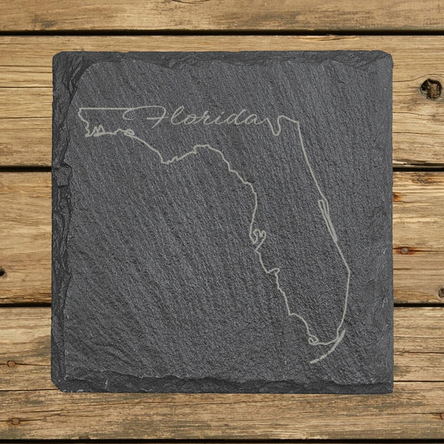 Florida square slate coaster engraved with the state outline and Florida in script lettering