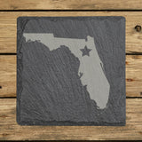 Florida square slate coaster engraved with the state shape and a star