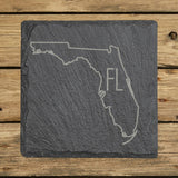 Florida square slate coaster engraved with the state outline and FL initials