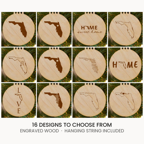 Florida wood Christmas ornament, laser engraved natural wood